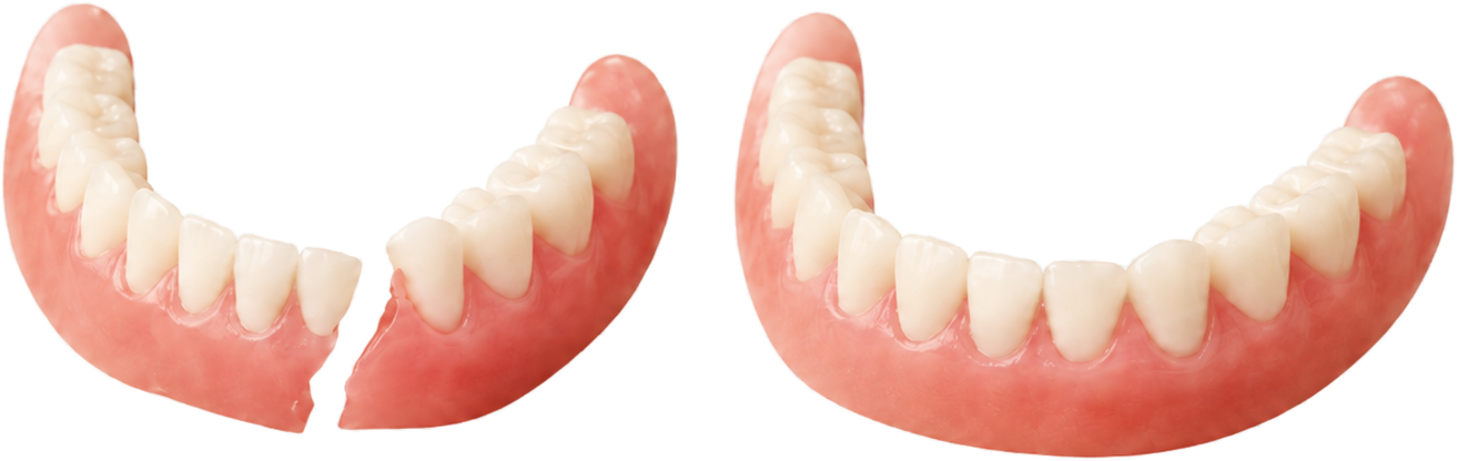 Une prothèse inférieure fissurée en deux, à côté de la même prothèse réparée et de nouveau intacte dans le laboratoire de notre clinique Smile Denture.