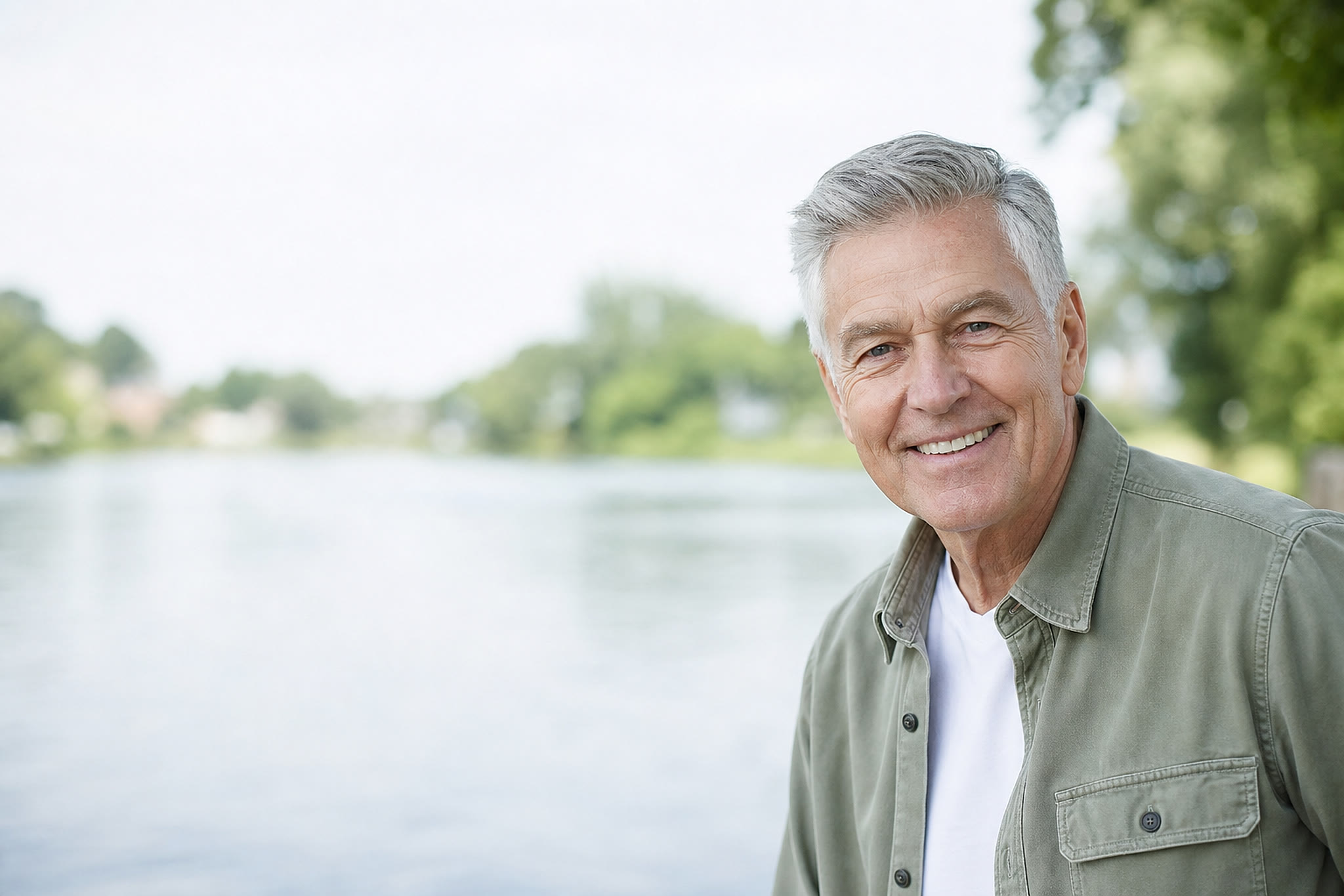 A man smiling by the river near our Carleton Place denture clinic