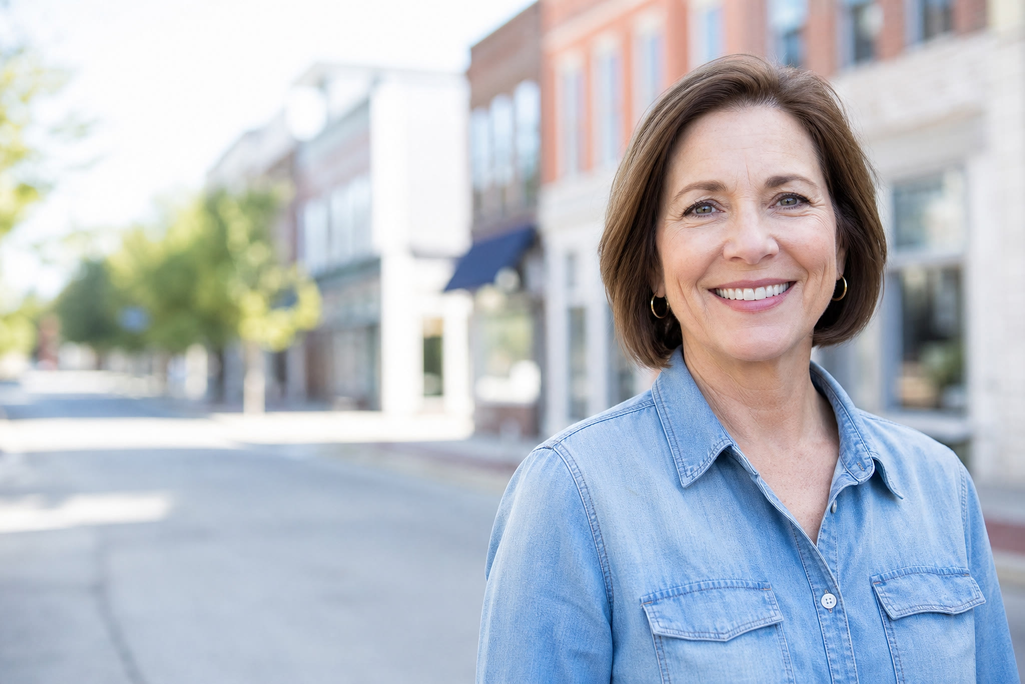 A woman smiling on a Carleton Place street near our denture clinic
