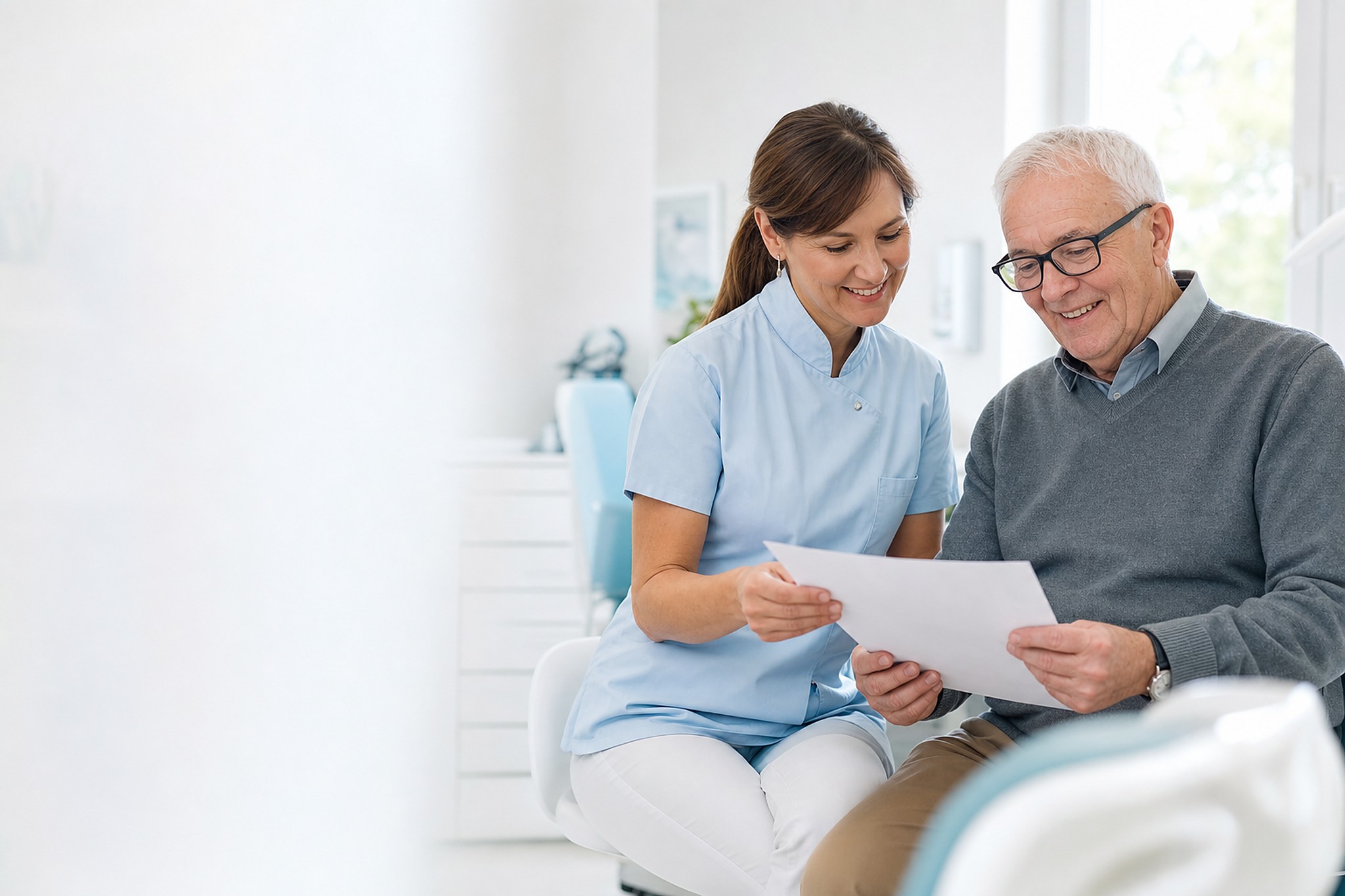 A Smile Denture coordinator reviewing dental coverage details with a Carleton Place patient