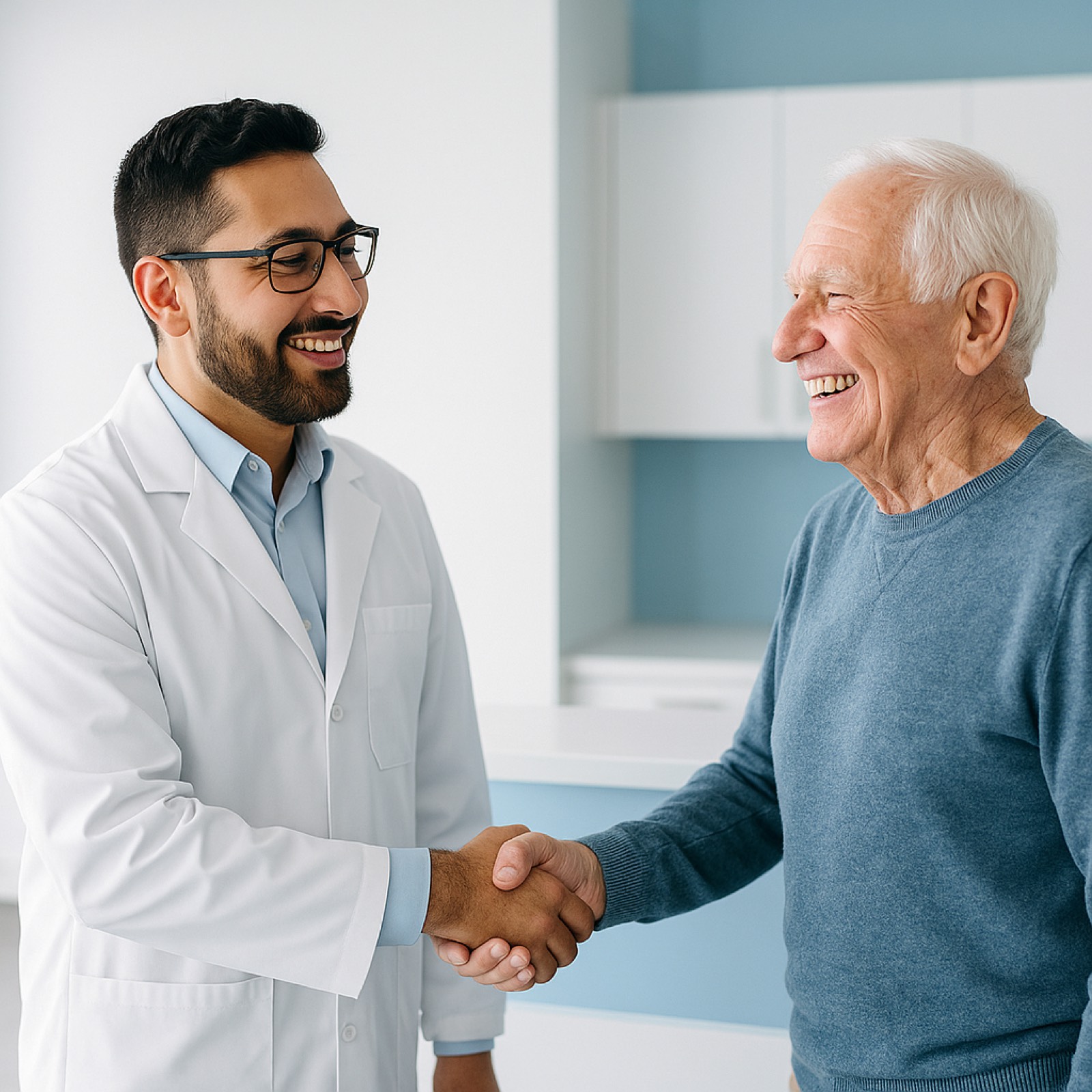 Un denturologiste autorisé accueillant chaleureusement un patient âgé à la réception de Smile Denture à Ottawa