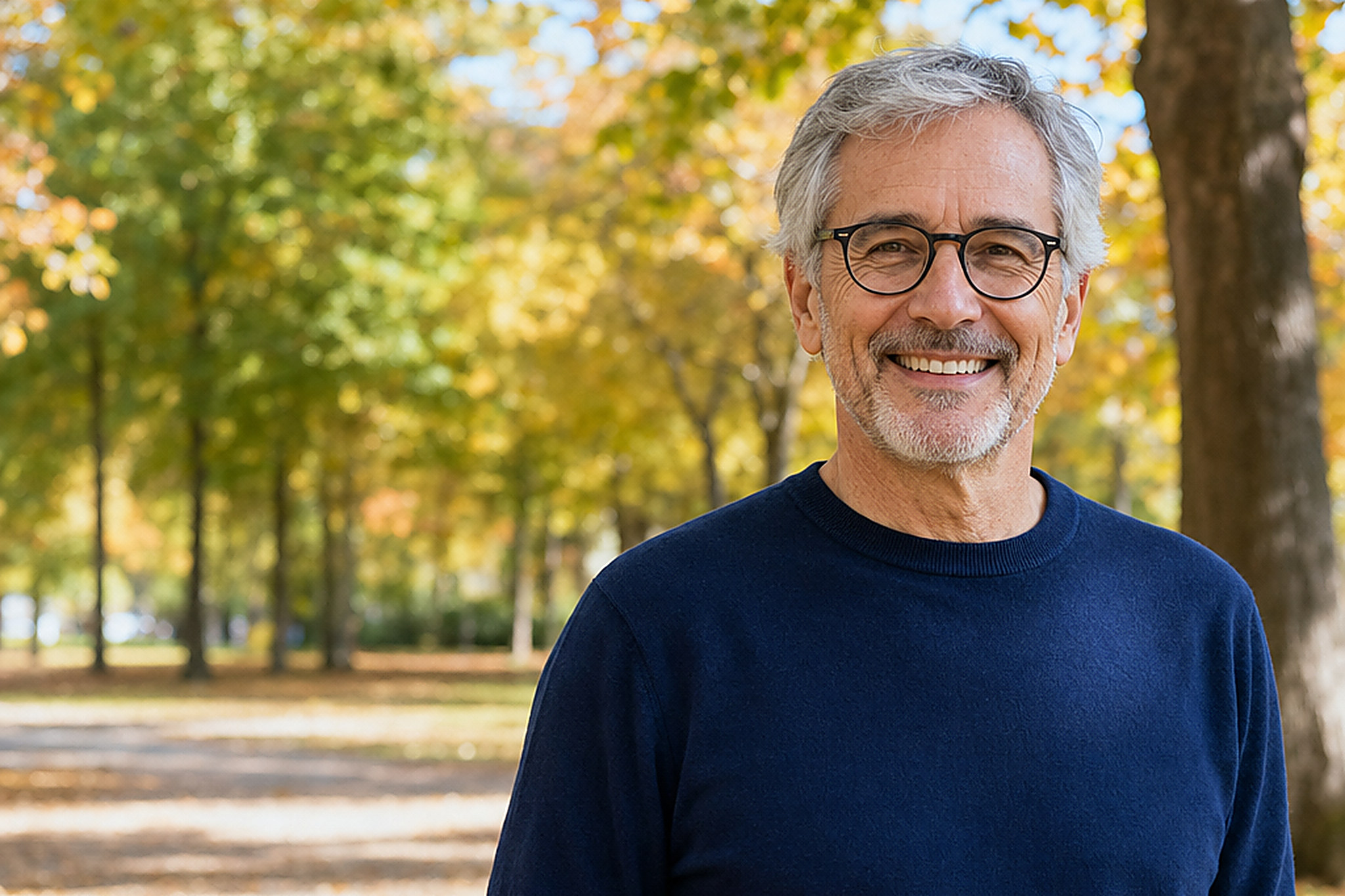 Un homme souriant dans un parc automnal après avoir reçu ses prothèses complètes à Ottawa