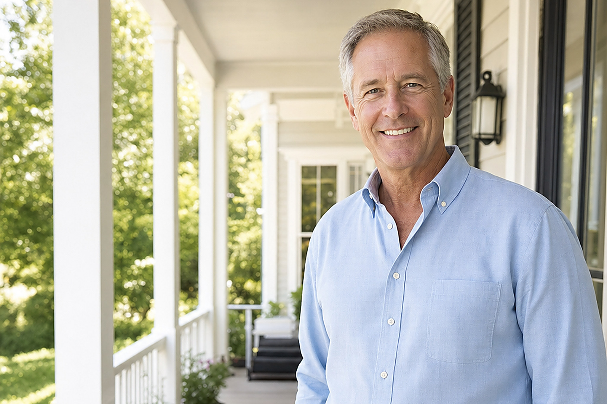 A man smiling on a sunlit porch after getting immediate dentures in Carleton Place