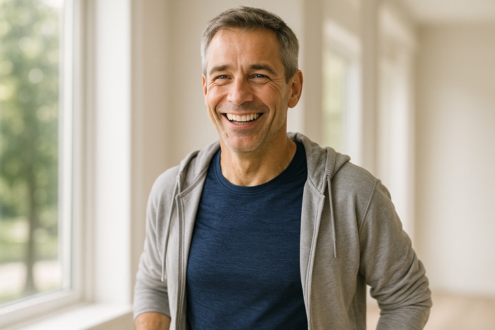 Un homme d&rsquo;âge moyen souriant et actif à la maison — les protège-dents sur mesure protègent les dents durant le sport et aident contre le grincement nocturne