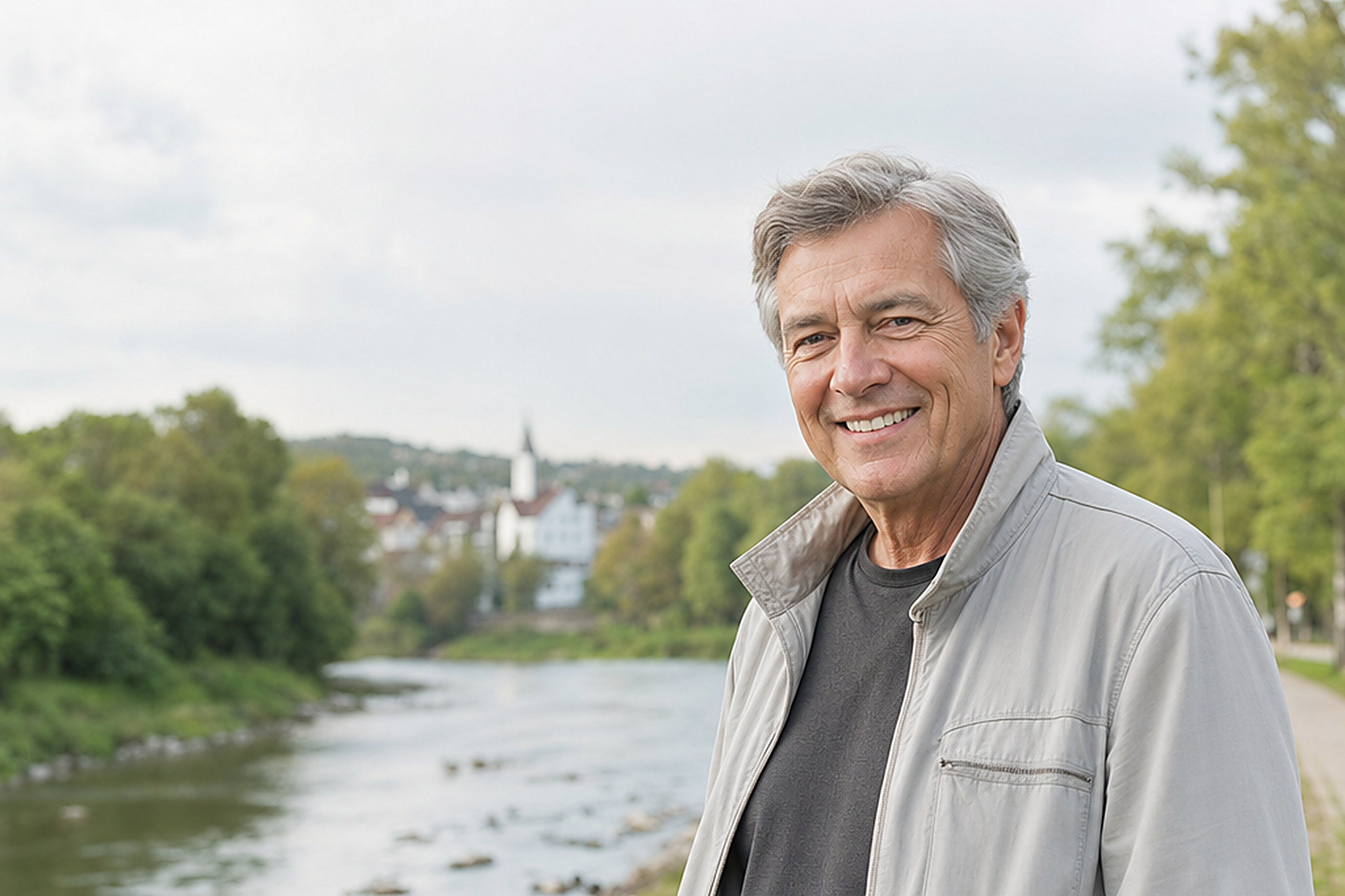 Un homme souriant au bord de la rivière près de notre clinique de prothèses dentaires de Perth