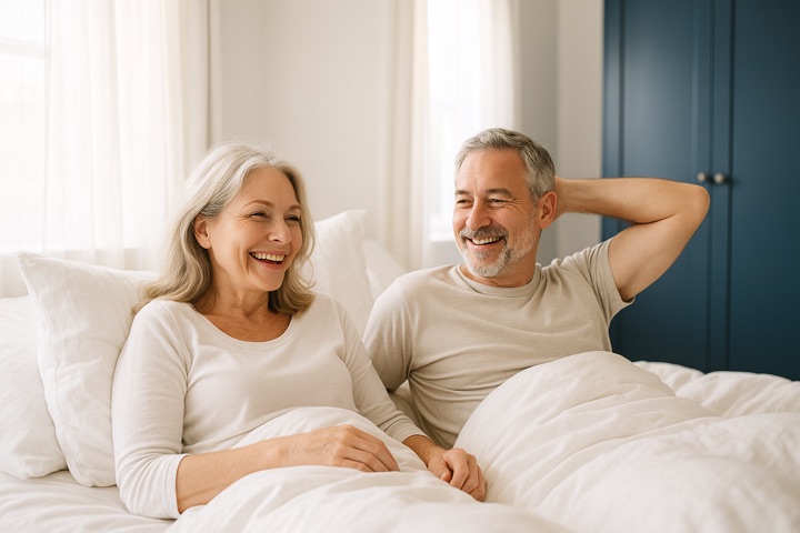 Un couple de personnes âgées reposant confortablement au lit — un appareil buccal sur mesure peut atténuer le ronflement et favoriser un sommeil plus réparateur