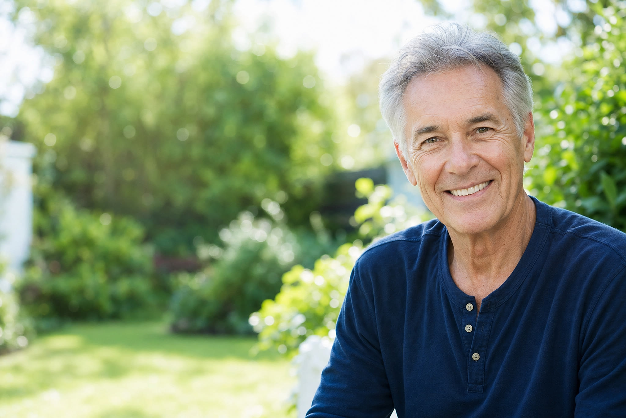 Un homme souriant chaleureusement dans un jardin ensoleillé