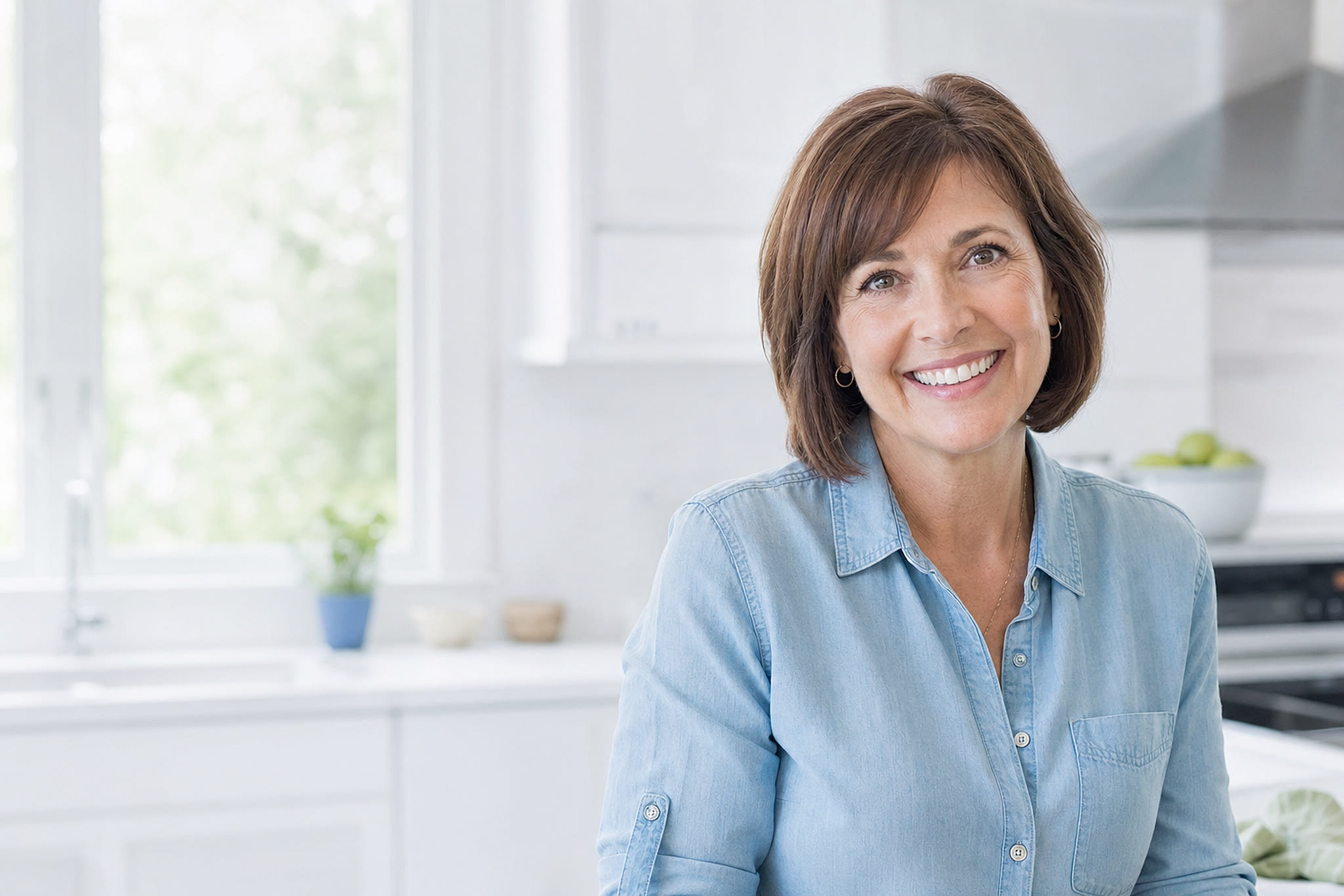 Une femme souriant chaleureusement dans une cuisine lumineuse