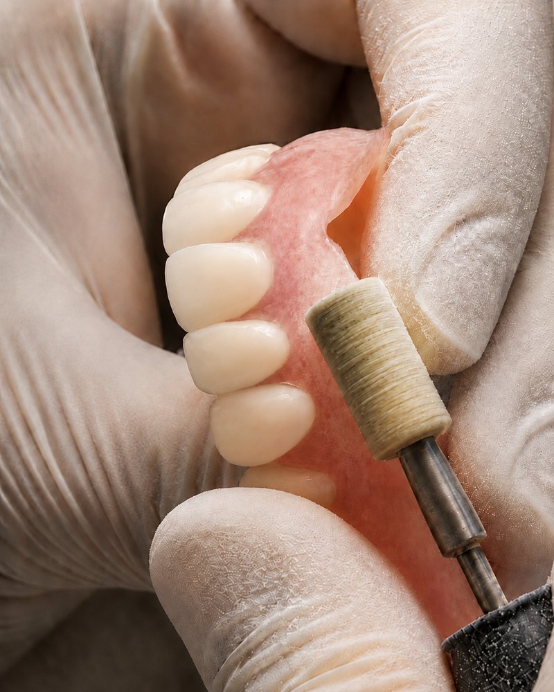 Denturologiste effectuant la finition et l&rsquo;ajustement à la main d&rsquo;une prothèse dans le laboratoire sur place de Smile Denture à Ottawa