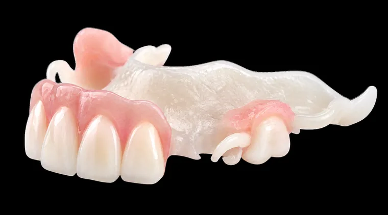 Une prothèse partielle souple avec crochets de la couleur des dents, conçue pour prendre place à côté de vos dents naturelles